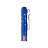Olight Blue I3T 2 flashlight, Australian flag design, grooved body, side view with pocket clip for everyday use.