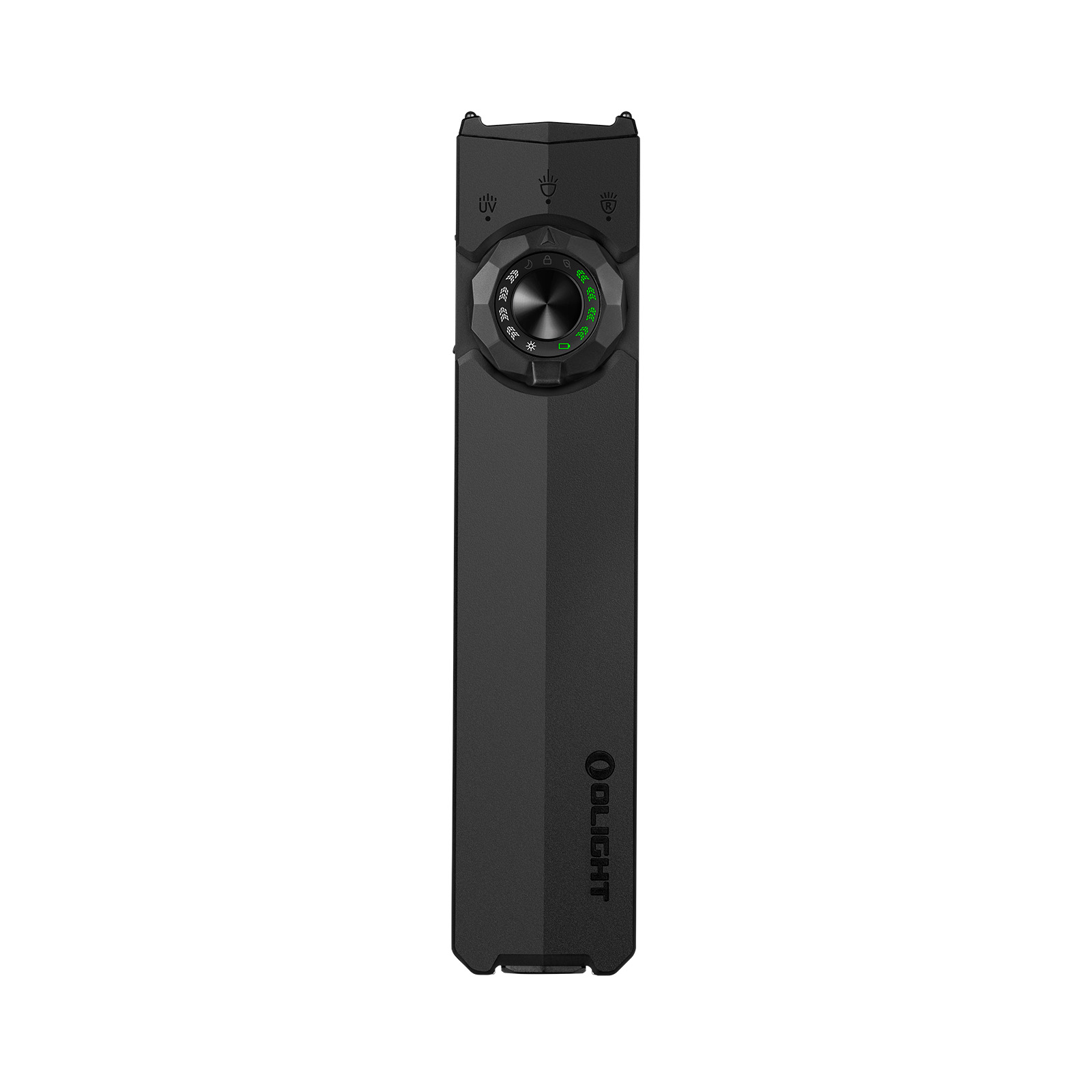 Olight flat EDC flashlight in black featuring a central rotary switch dial and green battery indicator lights.