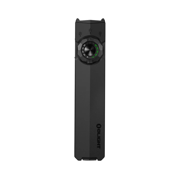 Olight flat EDC flashlight in black featuring a central rotary switch dial and green battery indicator lights.