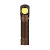 Compact bronze right angle LED flashlight with textured grip isolated on white background