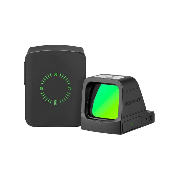 Black and green laser sight and battery pack displaying charge level