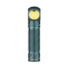 Headlamp with a textured teal body and gold accents, featuring a bright LED light on a pivoting head.