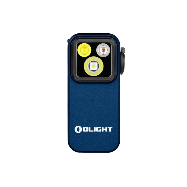 Olight Blue Oclip Pro Clip-on EDC Light Front View with Triple LED Light Source for Outdoor Hiking and Everyday Carry