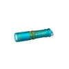 Olight i3E EOS blue keychain flashlight with gold accents and textured pattern on white background