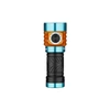 Compact orange and blue LED right-angle flashlight with textured grip.