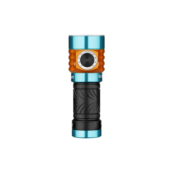 Compact orange and blue LED right-angle flashlight with textured grip.