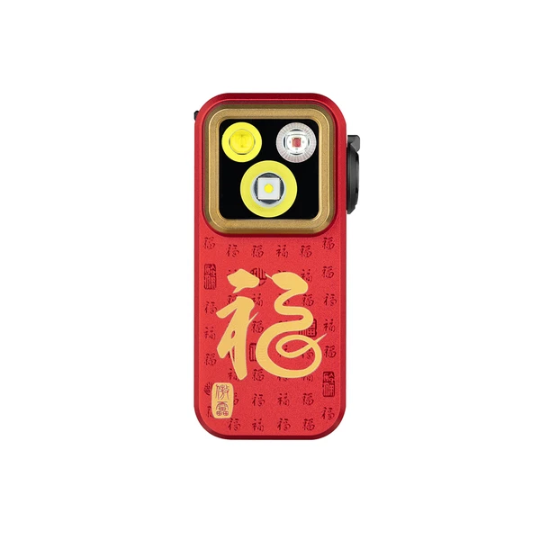 Olight Red Oclip Pro Front View with "福" Character Pattern for Everyday Carry Lighting