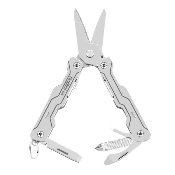 Nextool multi-tool scissors with screwdriver, nail file, and keychain loop on a white background