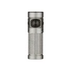 Compact silver flashlight with diamond-textured body and a large side power button.