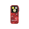 Red Olight Arkfeld flashlight with festive plaid and snowflake design, compact with triple LEDs.