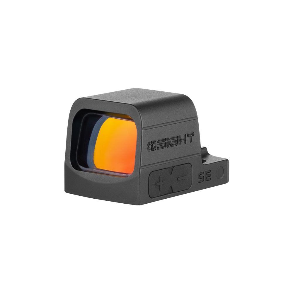 Olight Black Osight SE Reflex Sight 3/4 View with Orange Coated Lens and Side Buttons for Tactical Target Acquisition