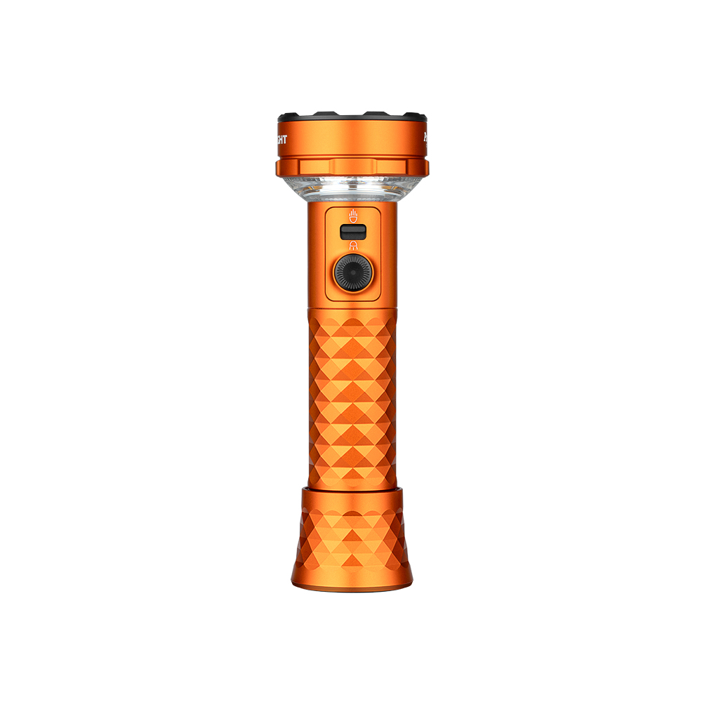 Orange tactical flashlight with a textured grip, rotary switch, and black bezel isolated on a white background.