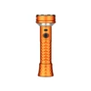 Orange tactical flashlight with a textured grip, rotary switch, and black bezel isolated on a white background.