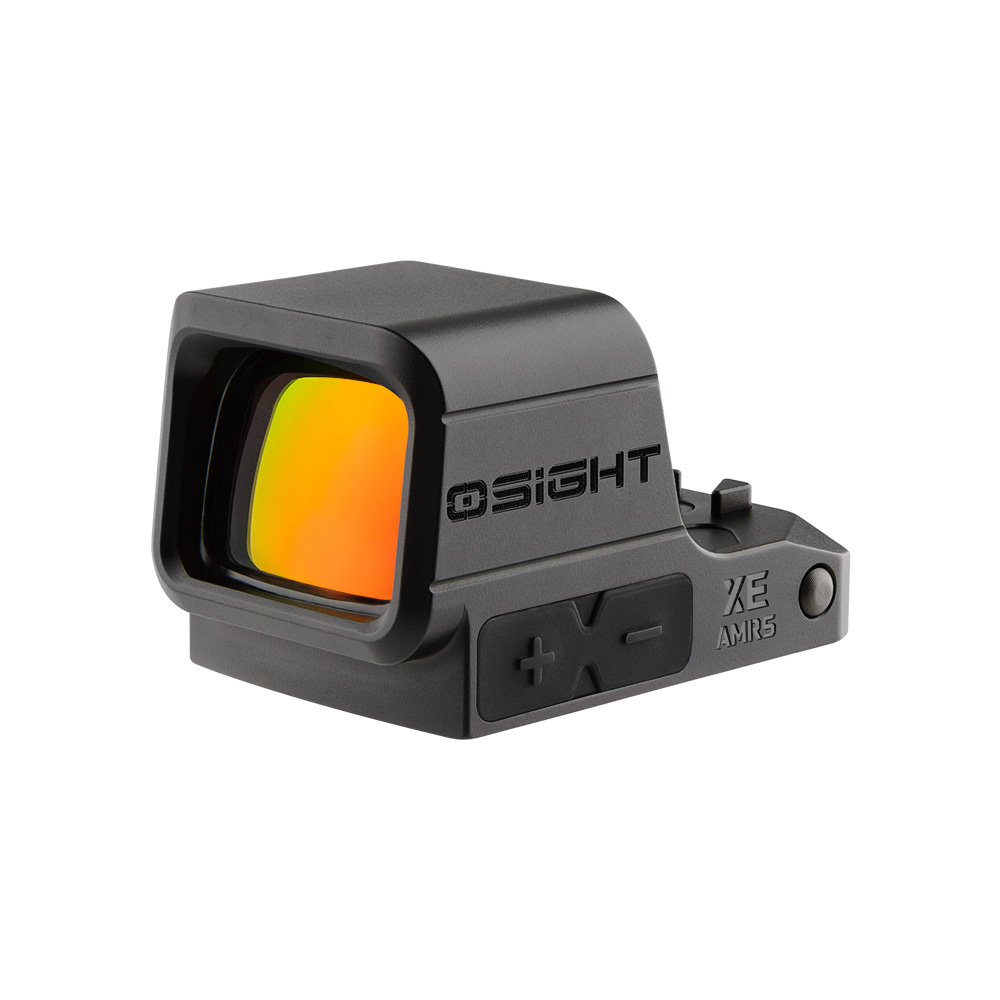 Olight Osight red dot sight with orange reflective lens on a white background