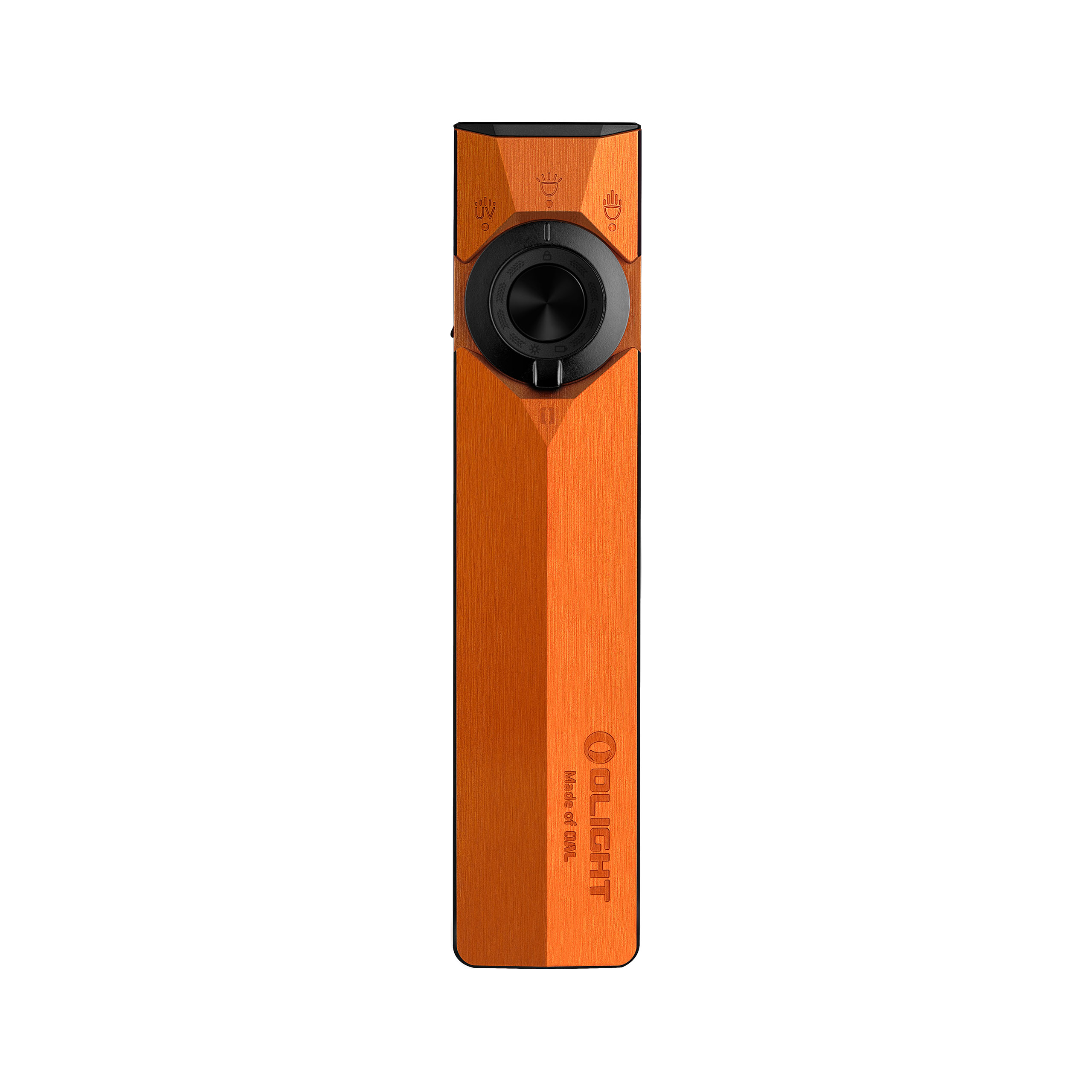 Olight Orange ArkPro Flat Flashlight Front View with Laser UV Light Selector Dial for EDC and Outdoor Use