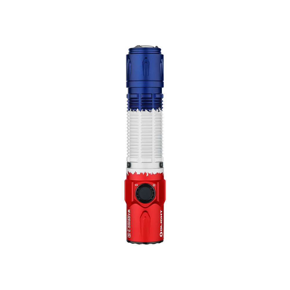 Olight Warrior 3S red, white, and blue tactical flashlight with side switch for everyday carry