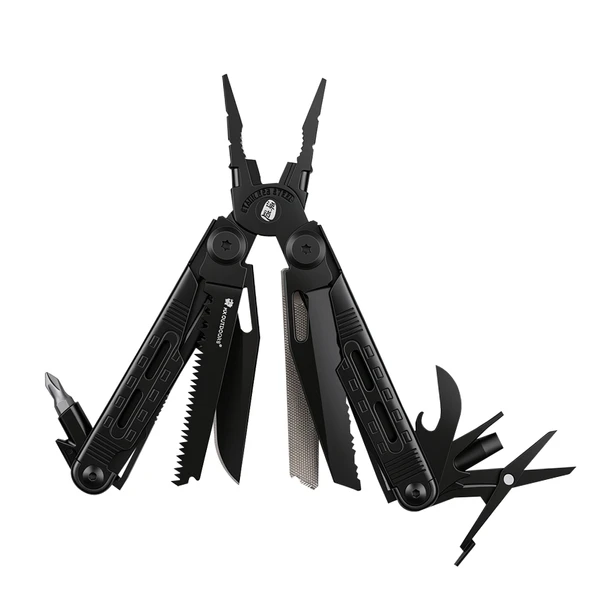 Black multi-tool pliers featuring pocket knife, wood saw, screwdriver, and scissors isolated on white background