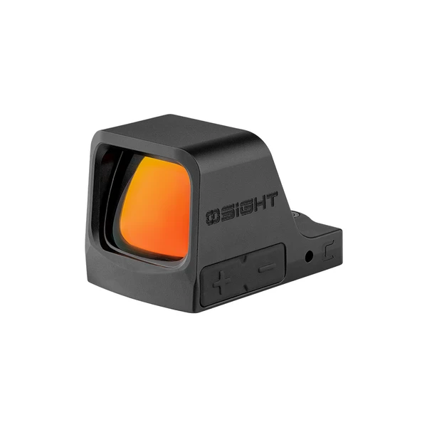 Olight Black Osight C Red Dot Sight front side view with tinted lens and adjustment buttons for fast aiming and tactical precision.