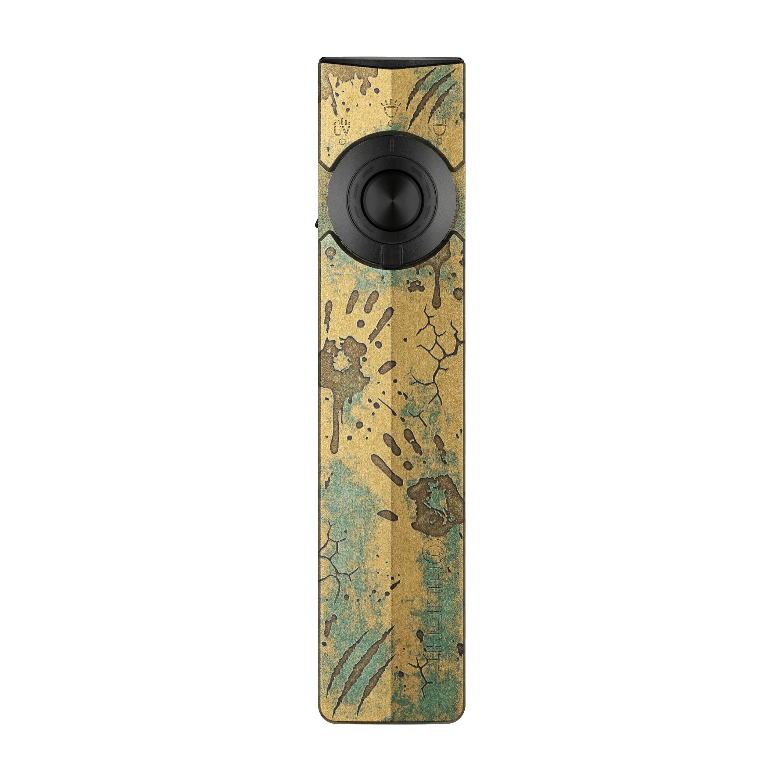 Olight ArkPro Zombie Green and Bronze Flat Flashlight Front View with Laser UV Light and Textured Grip for EDC Use