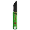 Tactical folding knife with black tanto blade, green handle with red blood splatter pattern, and integrated LED flashlight