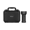 Olight Black Marauder 3 Flashlight Standing Next to Protective Hard Carry Case for Search Rescue and Outdoor Travel