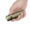 Olight Olive Green Baton 4 Pro Flashlight Held in Hand with Textured Body and Pocket Clip for Everyday Carry