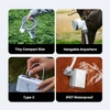 Flextail portable camp shower features showing compact size, hangable shower head, USB Type-C charging, and IPX7 waterproof pump