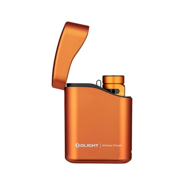 Orange Olight wireless charger case with an included flashlight, lid open.