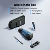 TS004 Pro thermal monocular with USB-C cable, hanging strap, EVA case, and user manual on a blue background.
