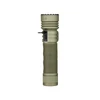 Olive green tactical flashlight with USB-C charging port open and textured handle isolated on white background