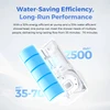 Water-saving portable shower pump internal view showing a 2500mAh battery powering a 35 to 70 minute run time.