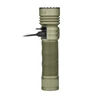 Green tactical flashlight with a USB-C charging cable plugged into its neck port.