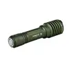 Olight Warrior X 3 tactical flashlight in army green showing tail switch and textured aluminum body on white background