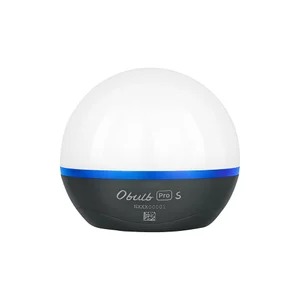 Olight Obulb Pro S rechargeable spherical LED light with blue band and black base on white background