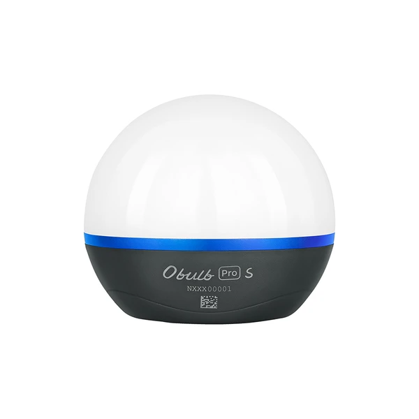 Olight Obulb Pro S rechargeable spherical LED light with blue band and black base on white background