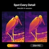 Thermal image comparison: sharp stork at 384x288 vs blurry at 256x192, highlighting resolution detail.