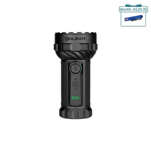 Olight Black Marauder 3 Flashlight Front View with Rotary Switch Knob and LED Display for Outdoor Search and Rescue