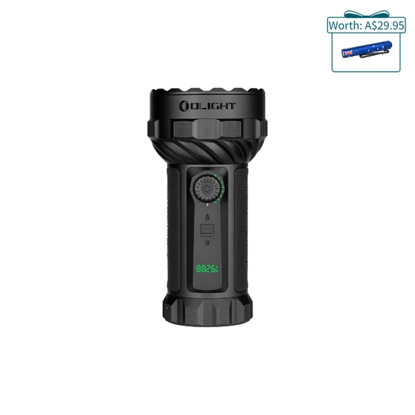 Olight Black Marauder 3 Flashlight Front View with Rotary Switch Knob and LED Display for Outdoor Search and Rescue