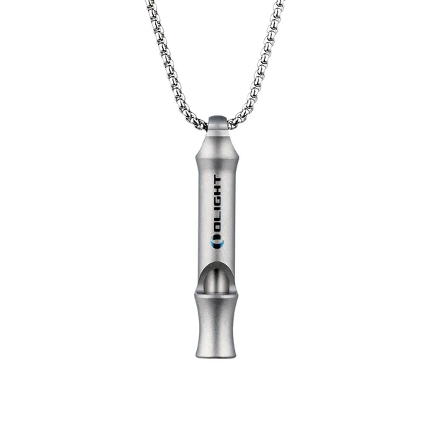 Olight titanium whistle pendant with silver chain necklace, minimalist outdoor survival gear, durable emergency tool