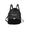 Black drawstring backpack with Olight logo, mesh sides, and zippered bottom compartment for sports or travel.