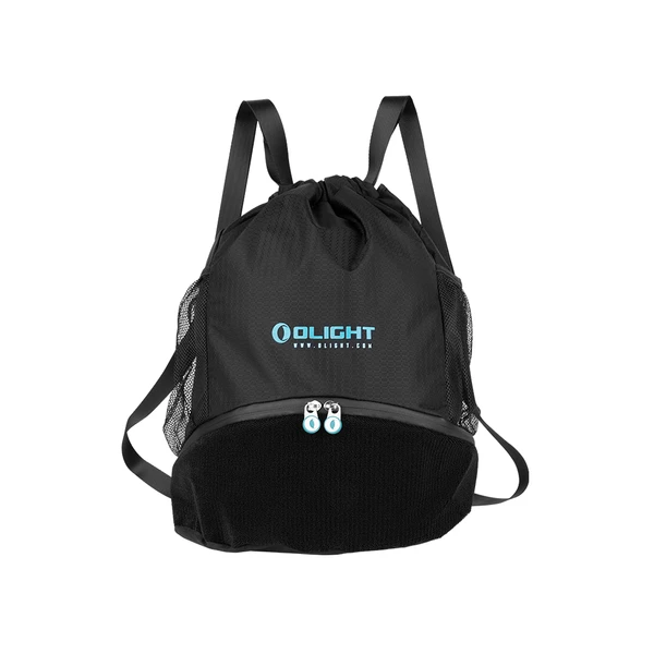 Black drawstring backpack with Olight logo, mesh sides, and zippered bottom compartment for sports or travel.