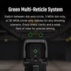 Green multi-reticle system: dot-and-circle, 3 MOA dot, or 32 MOA circle reticles for precise aiming.