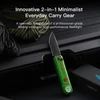 Green and red splatter 2-in-1 pocket knife flashlight combo on tactical gear box with paracord.
