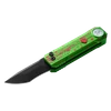 Green pocket knife with blood splatter pattern and built-in LED flashlight on black background