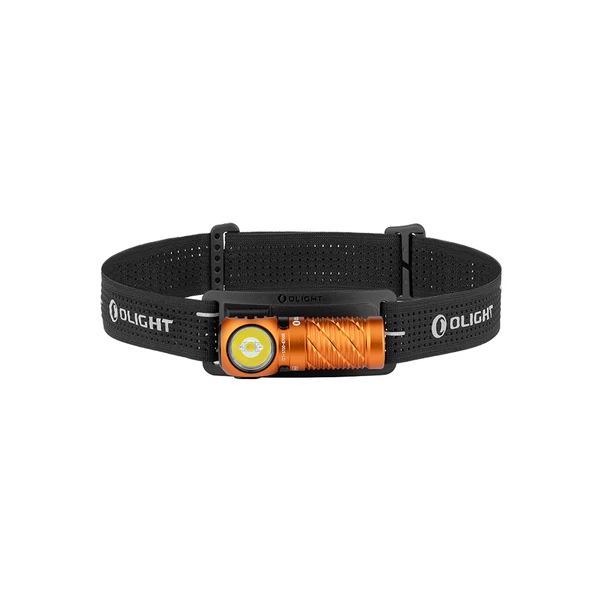 Olight Orange Perun 3 Mini Headlamp Front View with Black Strap for Hands-Free Lighting