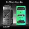 3-in-1 smart battery care: charger, tester, organizer. Stores 12 AA and 12 AAA batteries.