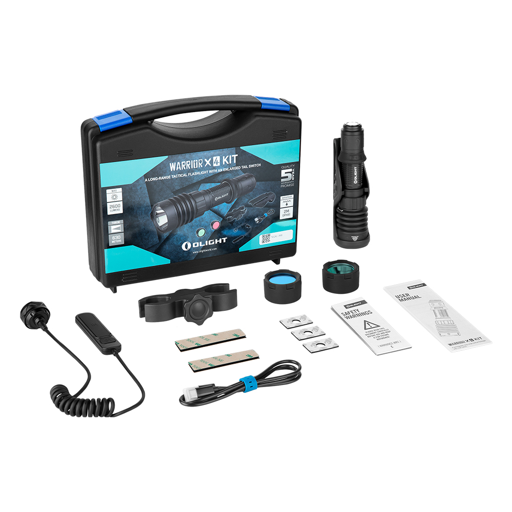 Olight Warrior X Kit: long-range tactical flashlight, 2600 lumens, 630-meter beam, remote switch, and accessories