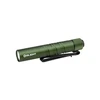 Olight OD Green Baton 4 Compact Flashlight Side View with Dual-Way Pocket Clip for Everyday Carry and Outdoor Use