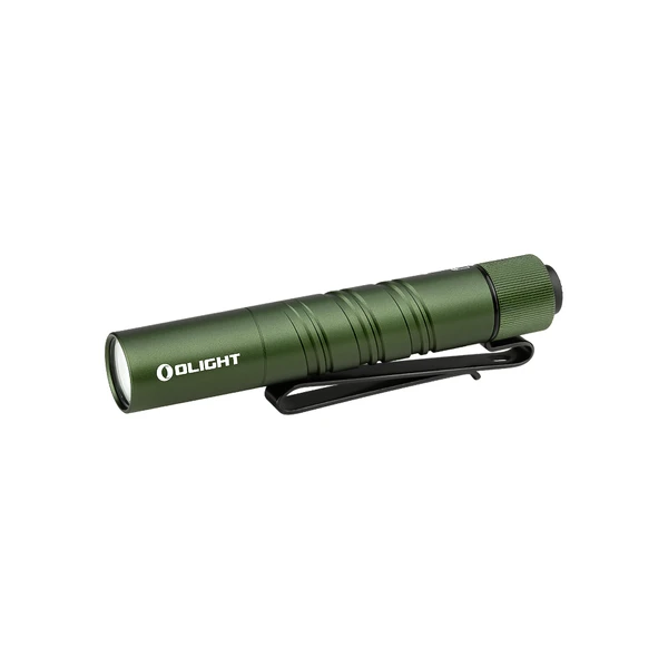 Olight OD Green Baton 4 Compact Flashlight Side View with Dual-Way Pocket Clip for Everyday Carry and Outdoor Use