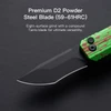 Premium D2 powder steel compound Tanto pocket knife blade with green and red splatter handle on dark background